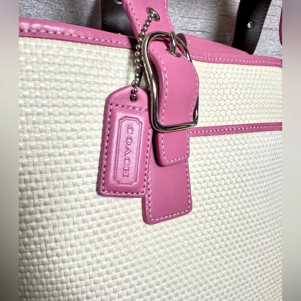 Coach NWOT 2004 Vintage - Ivory Straw & Pink Leather Tote w/ Dustbag & Care Card - Picture 7 of 15